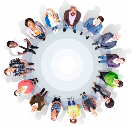 Bird's eye view of diverse audience in a circle