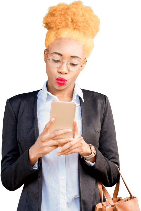 Woman with glasses and bag typing in her smartphone