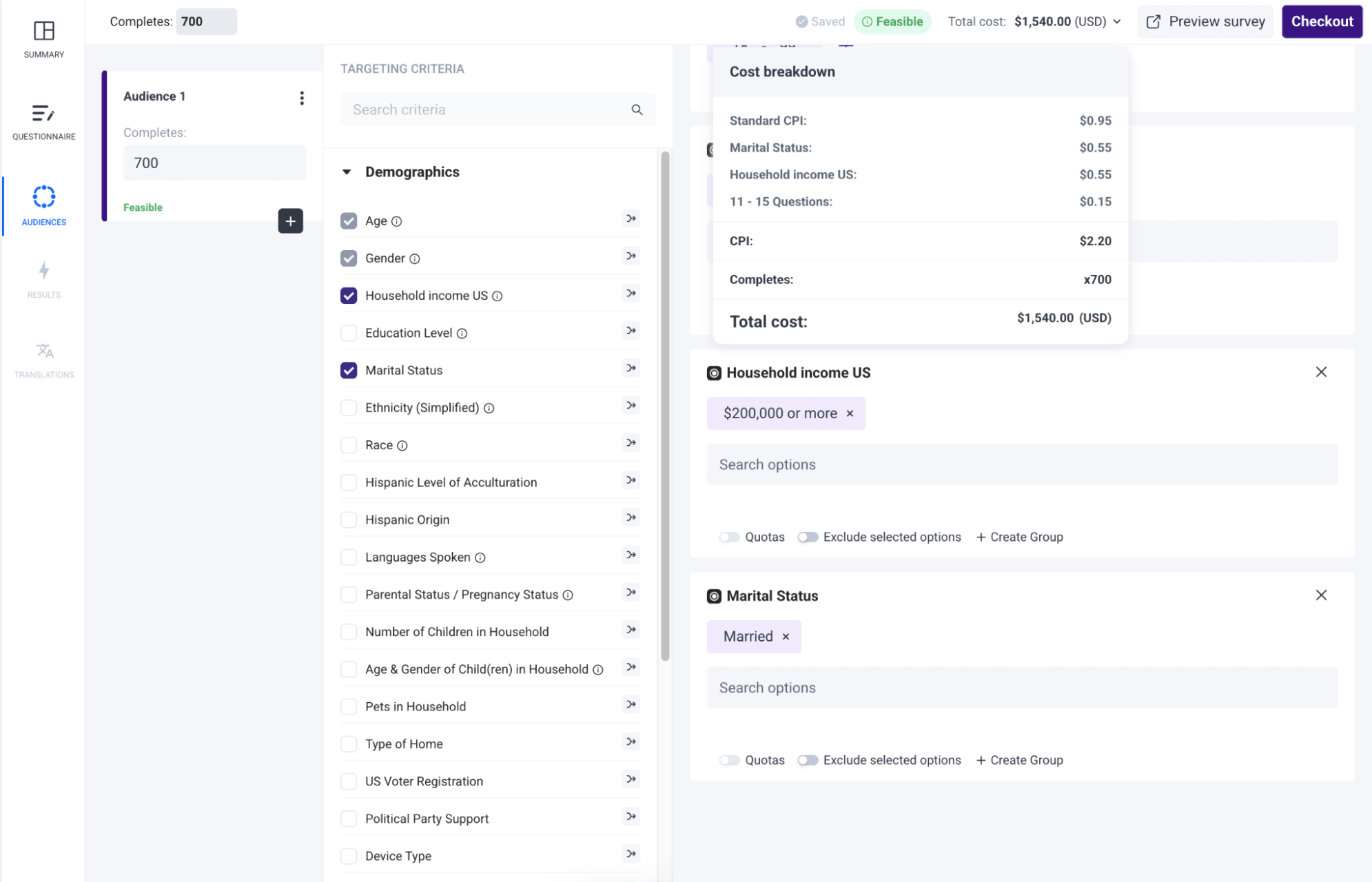 Cost breakdown for target audience example