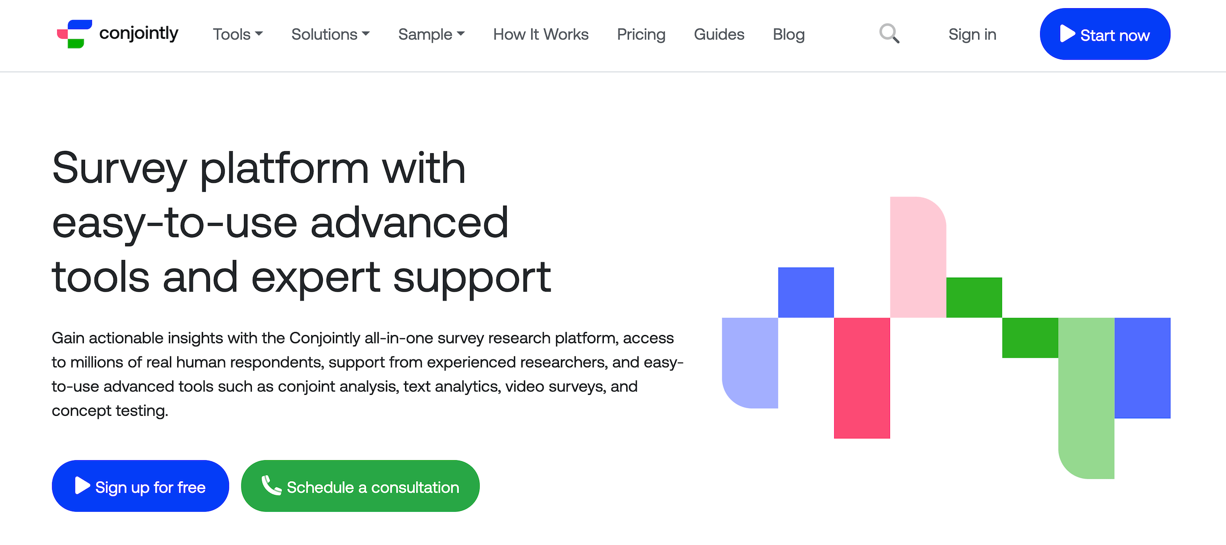 Conjointly homepage: Survey platform with easy-to-use advanced tools and expert support