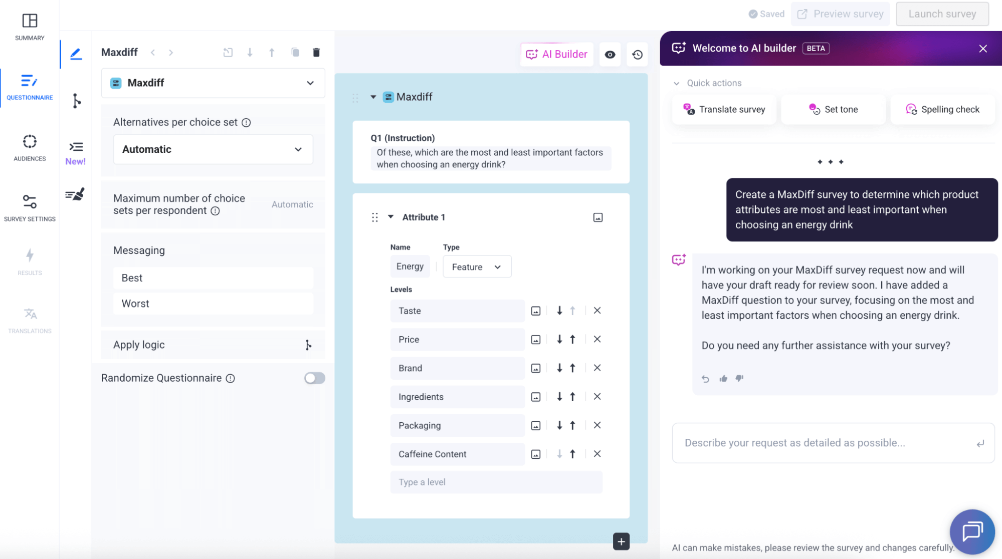 Pollfish AI Builder: Create a MaxDiff survey