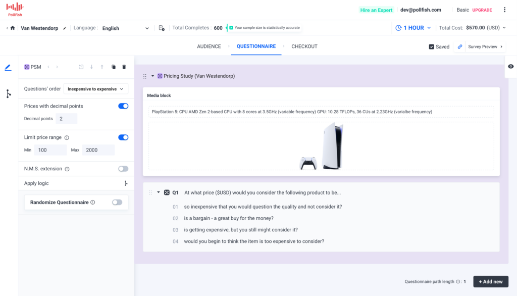 Pollfish Dashboard: Van Westendorp Pricing Study Questions
