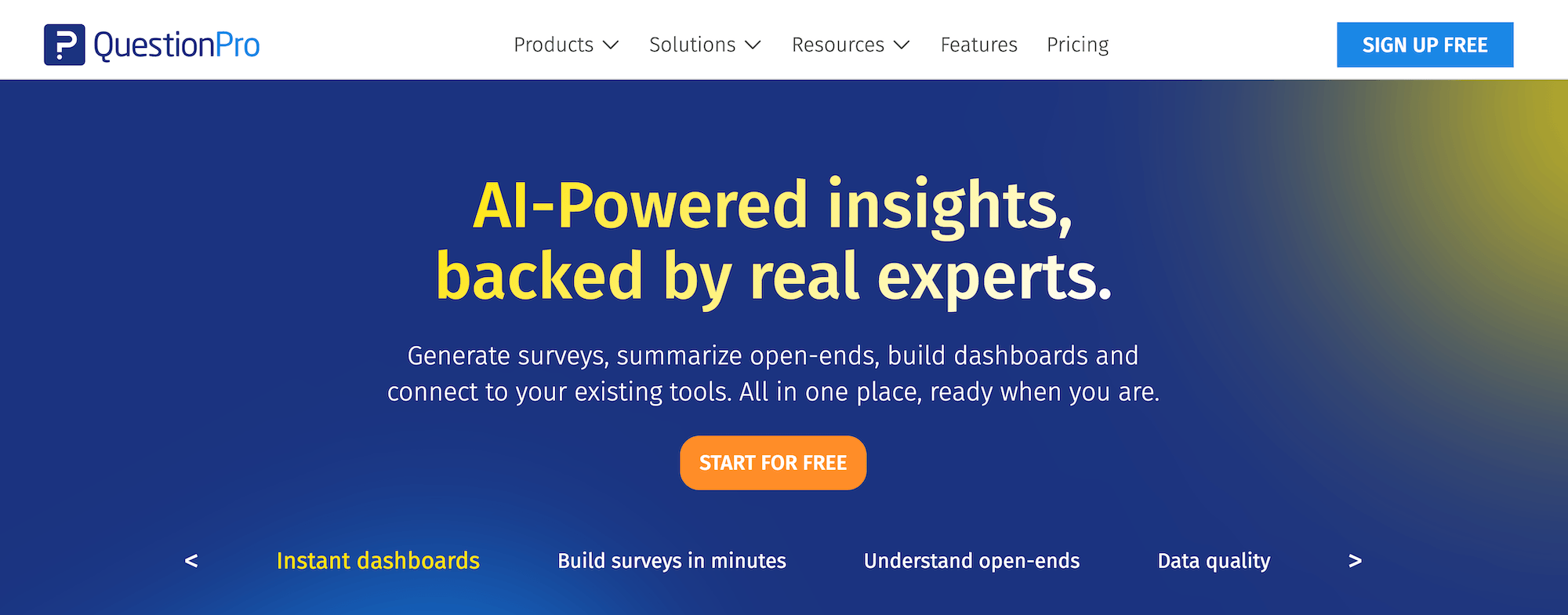 QuestionPro homepage: AI-Powered Insights, backed by real experts.