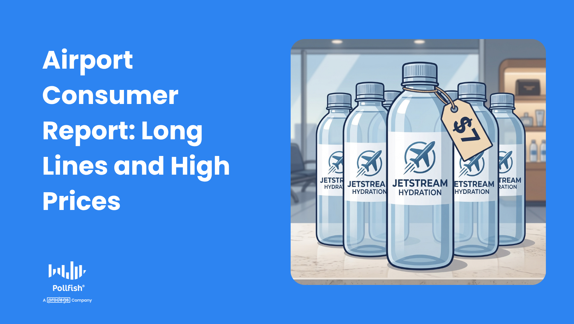 Text: Airport Consumer Report: Long Lines and High Prices Image: water bottle with a $7 hanging price tag