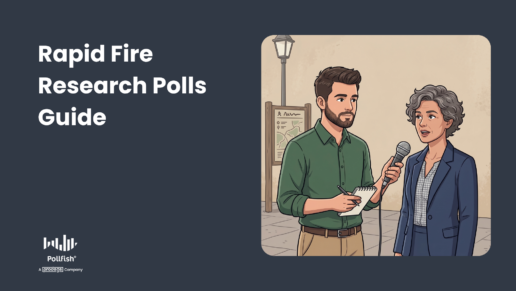 Text:RapidFireResearchPollsGuide With the pollfish logo and image of a journalist interviewing a woman